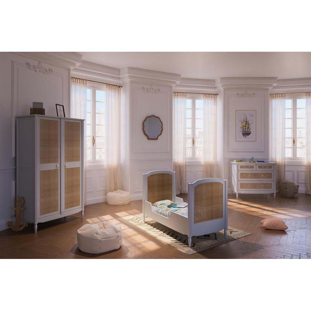 Theo Bebe Dulap din MDF, lemn si ratan, cu 2 usi, pentru bebe, Hermione Gri / Bej, l95xA52xH175 cm