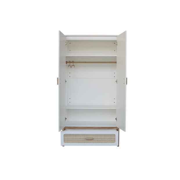 Theo Bebe Dulap din MDF, lemn si ratan, cu 2 usi si 1 sertar, pentru bebe, Oceania Alb / Natural, l90xA52xH175 cm
