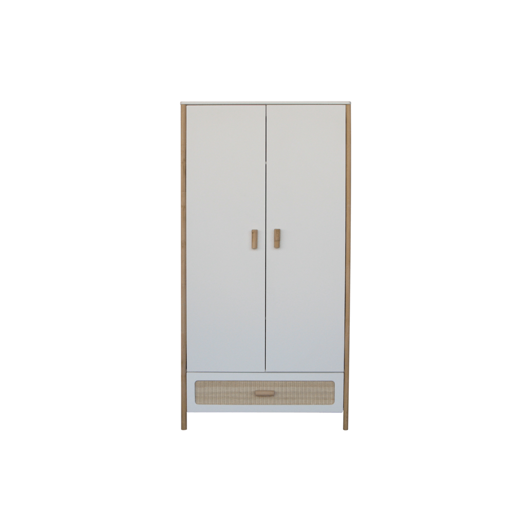 Theo Bebe Dulap din MDF, lemn si ratan, cu 2 usi si 1 sertar, pentru bebe, Oceania Alb / Natural, l90xA52xH175 cm