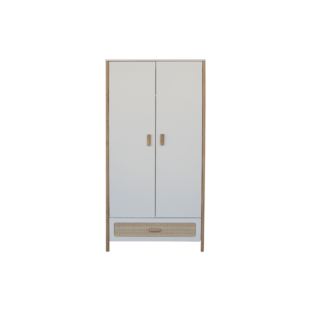 Theo Bebe Dulap din MDF, lemn si ratan, cu 2 usi si 1 sertar, pentru bebe, Oceania Alb / Natural, l90xA52xH175 cm
