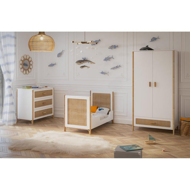 Theo Bebe Dulap din MDF, lemn si ratan, cu 2 usi si 1 sertar, pentru bebe, Oceania Alb / Natural, l90xA52xH175 cm