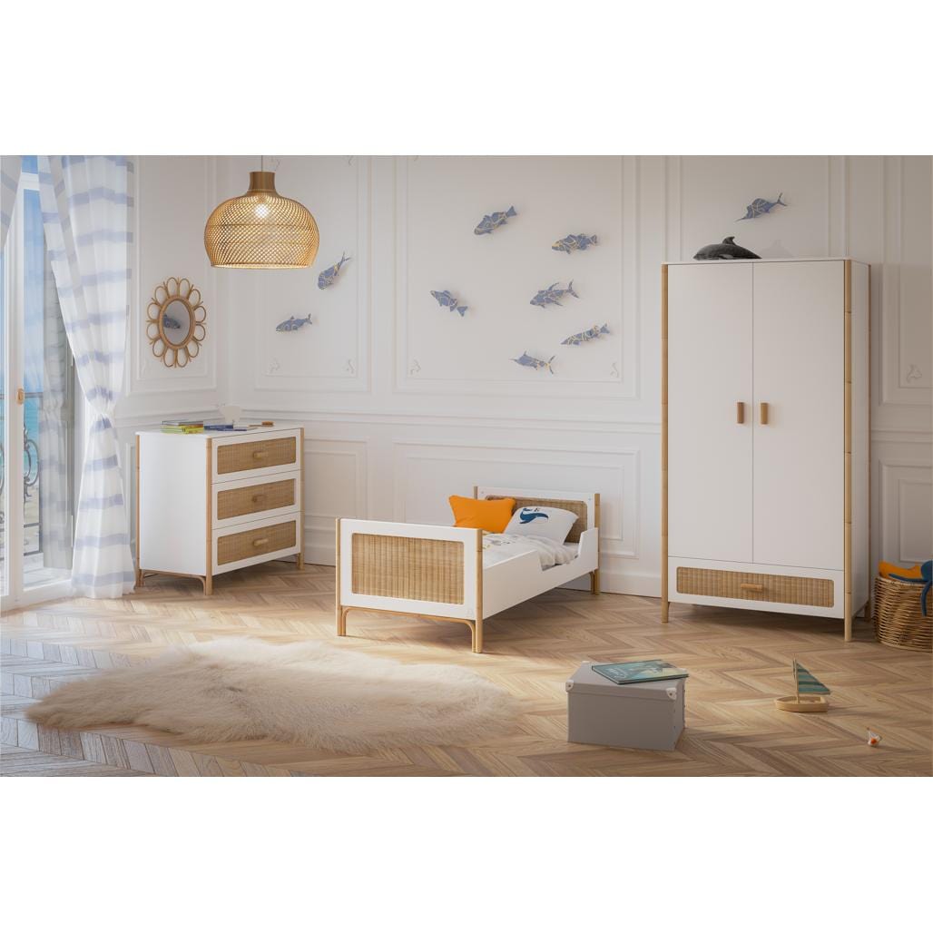 Theo Bebe Dulap din MDF, lemn si ratan, cu 2 usi si 1 sertar, pentru bebe, Oceania Alb / Natural, l90xA52xH175 cm