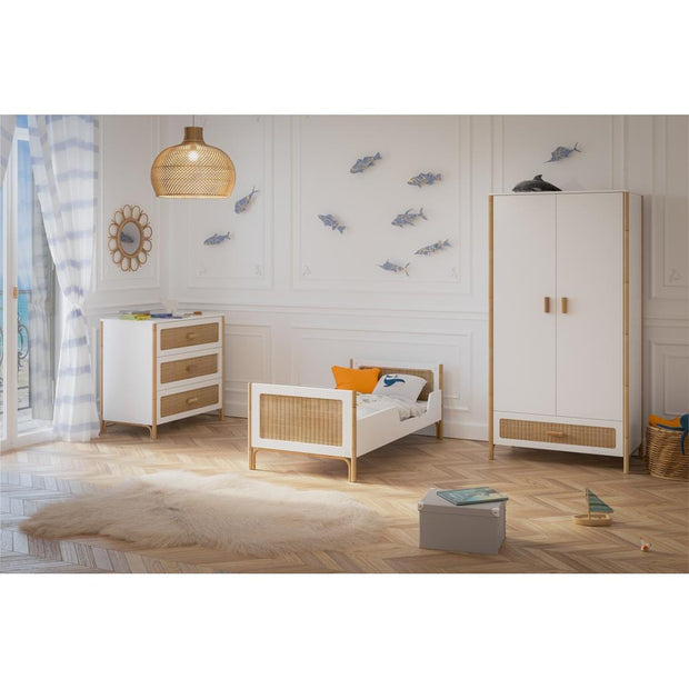 Theo Bebe Dulap din MDF, lemn si ratan, cu 2 usi si 1 sertar, pentru bebe, Oceania Alb / Natural, l90xA52xH175 cm
