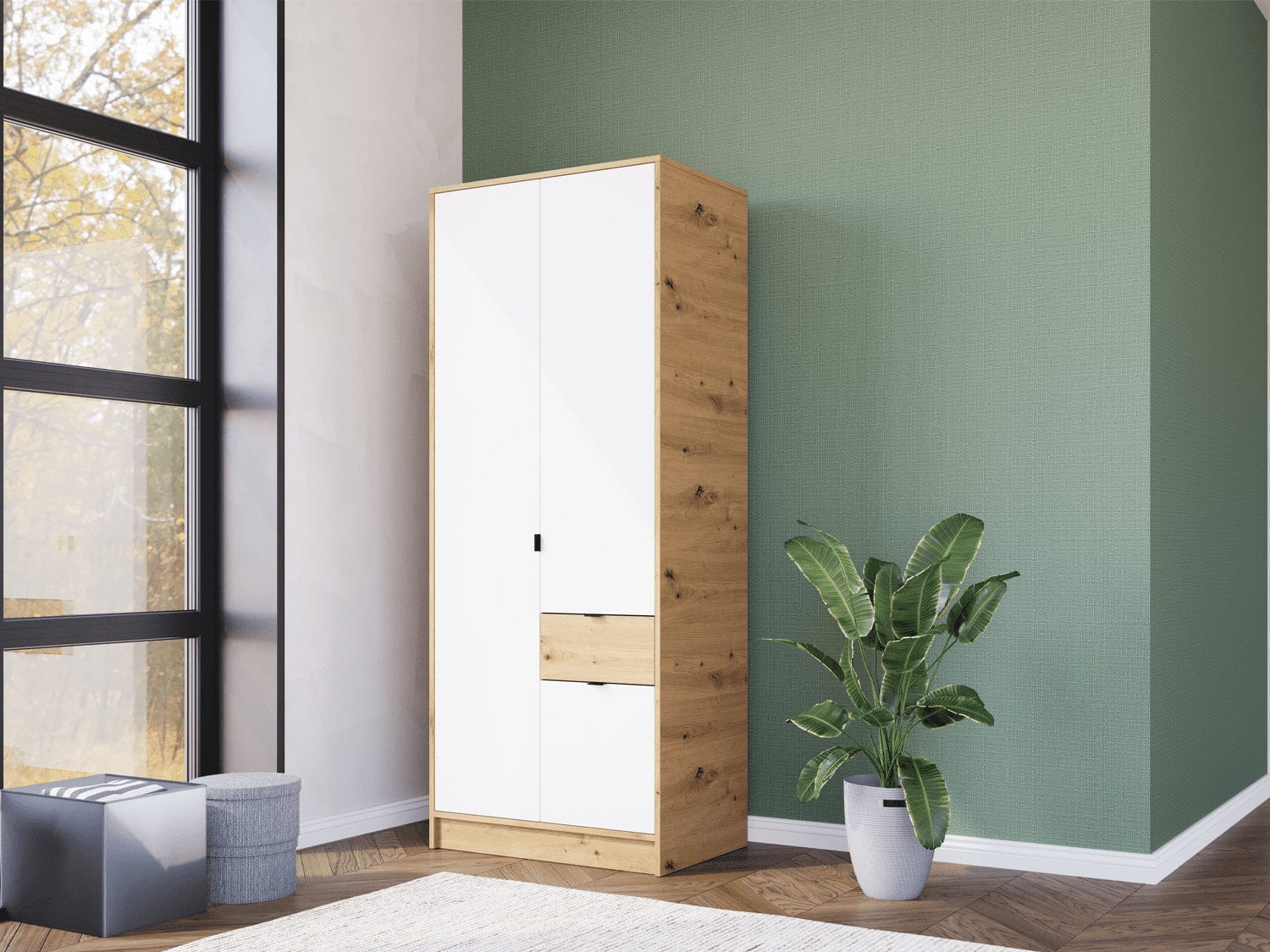 Vitorog Dulap din pal, cu 2 usi si 1 sertar, Kent 800 Stejar Artisan / Alb, l84xA56xH207 cm