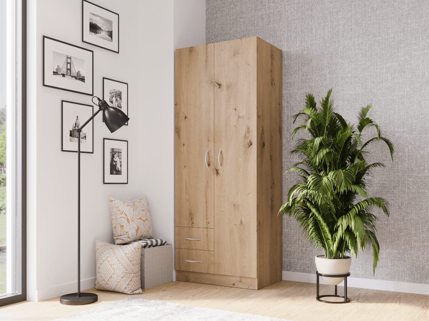 Vitorog Dulap din pal, cu 2 usi si 2 sertare, Basic 2KF Stejar Artisan, l80xA52xH205 cm