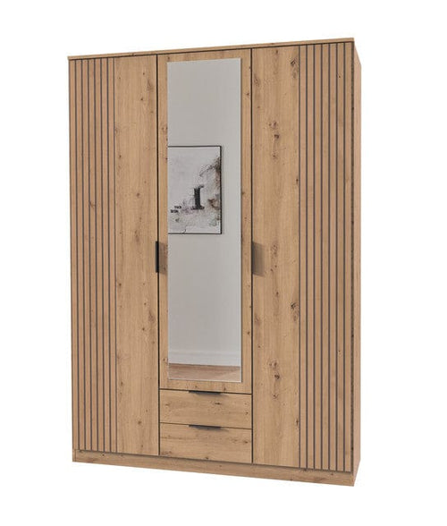 Wimex Dulap din pal, cu 3 usi, 2 sertare si oglinda, Lübeck II Grafit / Stejar Artisan, l135xA58xH199 cm