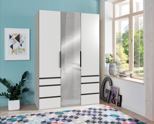 Wimex Dulap din pal, cu 3 usi, 6 sertare si oglinda, Level36 Black A Alb, l150xA58xH216 cm