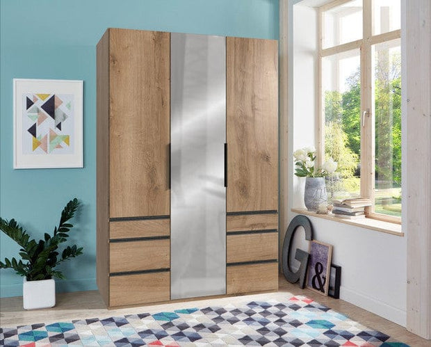 Wimex Dulap din pal, cu 3 usi, 6 sertare si oglinda, Level36 Black A Stejar, l150xA58xH216 cm