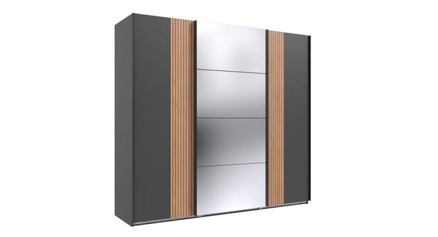 Wimex Dulap din pal, cu 3 usi glisante si oglinda, Malaga Grafit / Stejar Artisan, l225xA64xH208 cm