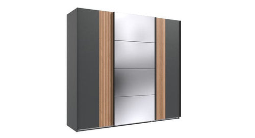 Wimex Dulap din pal, cu 3 usi glisante si oglinda, Malaga Grafit / Stejar Artisan, l225xA64xH208 cm