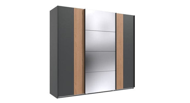 Wimex Dulap din pal, cu 3 usi glisante si oglinda, Malaga Grafit / Stejar Artisan, l225xA64xH208 cm