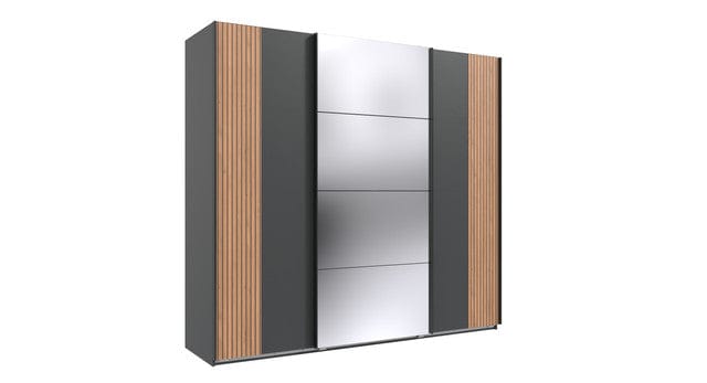 Wimex Dulap din pal, cu 3 usi glisante si oglinda, Malaga Grafit / Stejar Artisan, l225xA64xH208 cm