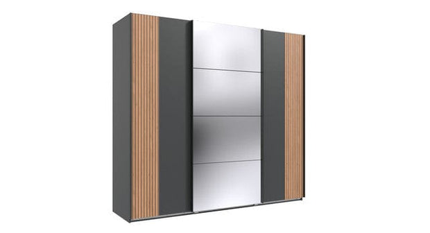 Wimex Dulap din pal, cu 3 usi glisante si oglinda, Malaga Grafit / Stejar Artisan, l225xA64xH208 cm