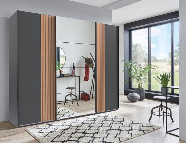 Wimex Dulap din pal, cu 3 usi glisante si oglinda, Malaga Grafit / Stejar Artisan, l225xA64xH208 cm