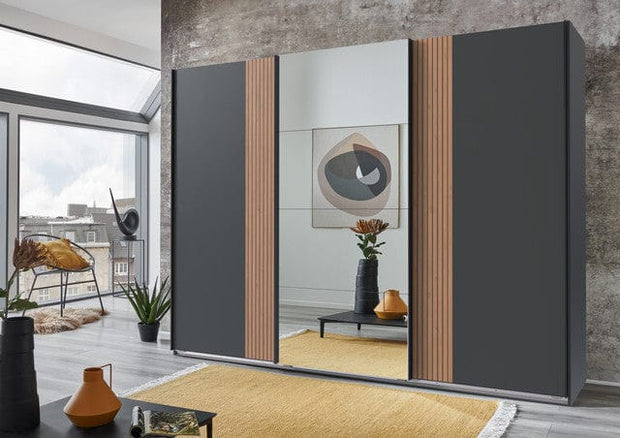 Wimex Dulap din pal, cu 3 usi glisante si oglinda, Malaga Grafit / Stejar Artisan, l270xA64xH208 cm