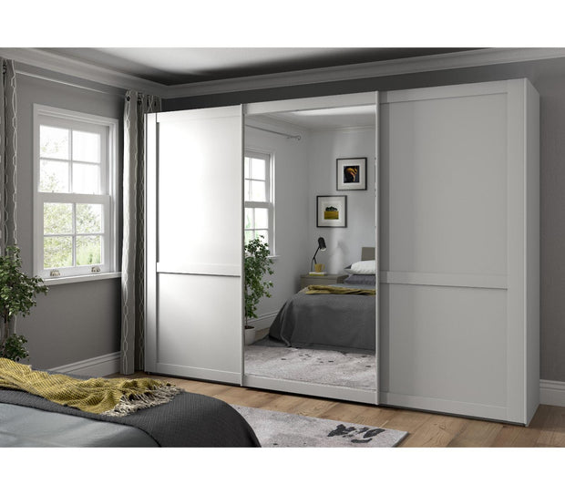 Dulap din pal, cu 3 usi glisante si oglinda, Marlow Alb, l295,2xA67xH217 cm (1)