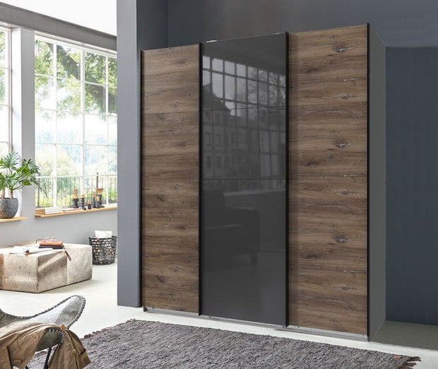 Wimex Dulap din pal, cu 3 usi glisante si oglinda, Norderstedt II Grafit / Stejar, l180xA64xH208 cm