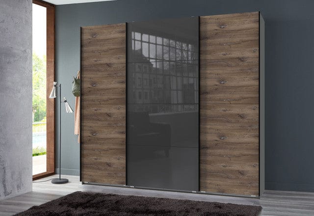 Wimex Dulap din pal, cu 3 usi glisante si oglinda, Norderstedt II Grafit / Stejar, l225xA64xH208 cm