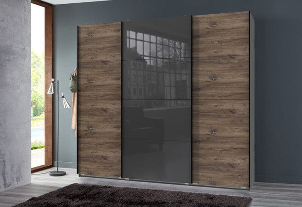 Wimex Dulap din pal, cu 3 usi glisante si oglinda, Norderstedt II Grafit / Stejar, l225xA64xH208 cm