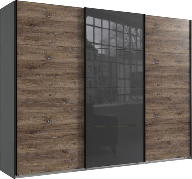Wimex Dulap din pal, cu 3 usi glisante si oglinda, Norderstedt II Grafit / Stejar, l270xA64xH208 cm