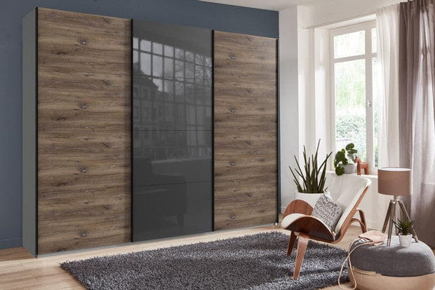 Wimex Dulap din pal, cu 3 usi glisante si oglinda, Norderstedt II Grafit / Stejar, l270xA64xH236 cm