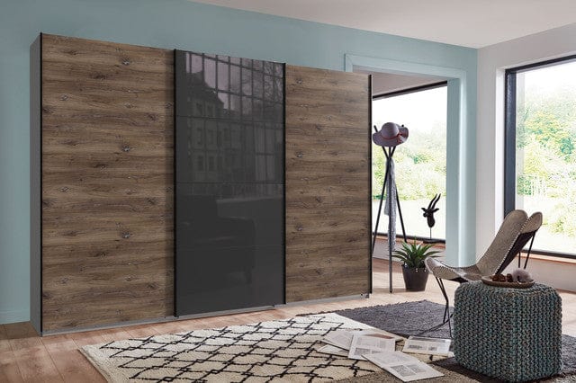 Wimex Dulap din pal, cu 3 usi glisante si oglinda, Norderstedt II Grafit / Stejar, l313xA64xH208 cm