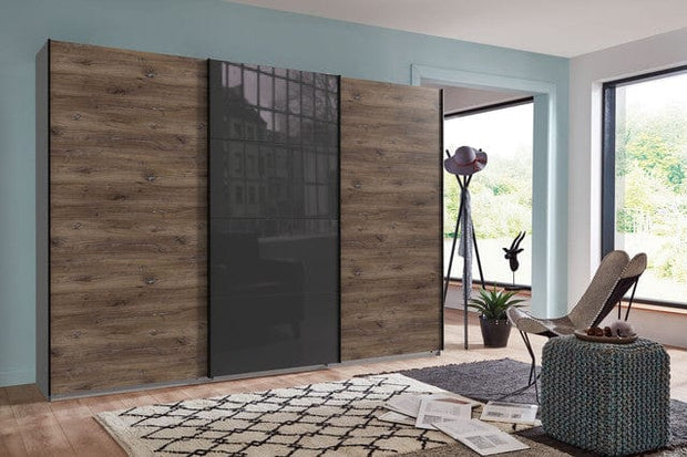 Wimex Dulap din pal, cu 3 usi glisante si oglinda, Norderstedt II Grafit / Stejar, l313xA64xH208 cm