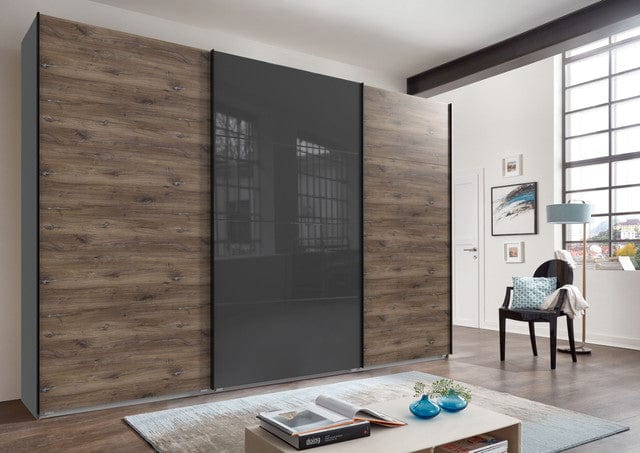 Wimex Dulap din pal, cu 3 usi glisante si oglinda, Norderstedt II Grafit / Stejar, l360xA64xH236 cm