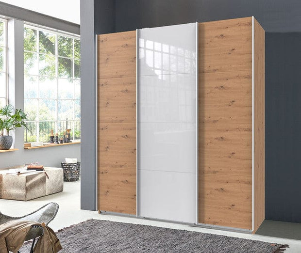 Wimex Dulap din pal, cu 3 usi glisante si oglinda, Norderstedt Stejar Artisan / Alb, l180xA64xH208 cm