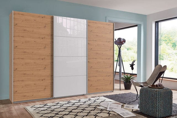 Wimex Dulap din pal, cu 3 usi glisante si oglinda, Norderstedt Stejar Artisan / Alb, l225xA64xH208 cm