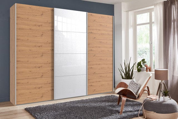 Wimex Dulap din pal, cu 3 usi glisante si oglinda, Norderstedt Stejar Artisan / Alb, l313xA64xH236 cm