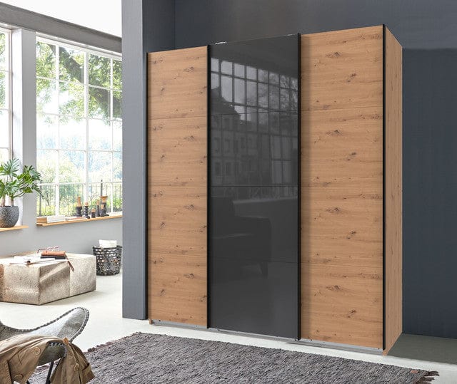 Wimex Dulap din pal, cu 3 usi glisante si oglinda, Norderstedt Stejar Artisan / Gri, l180xA64xH208 cm