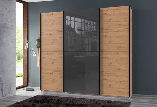 Wimex Dulap din pal, cu 3 usi glisante si oglinda, Norderstedt Stejar Artisan / Gri, l225xA64xH208 cm