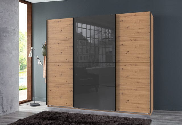 Wimex Dulap din pal, cu 3 usi glisante si oglinda, Norderstedt Stejar Artisan / Gri, l225xA64xH236 cm