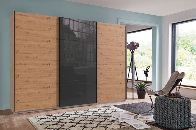 Wimex Dulap din pal, cu 3 usi glisante si oglinda, Norderstedt Stejar Artisan / Gri, l313xA64xH208 cm