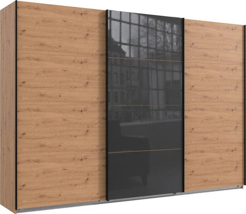 Wimex Dulap din pal, cu 3 usi glisante si oglinda, Norderstedt Stejar Artisan / Gri, l313xA64xH236 cm