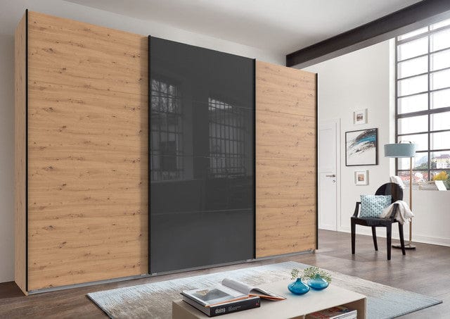 Wimex Dulap din pal, cu 3 usi glisante si oglinda, Norderstedt Stejar Artisan / Gri, l360xA64xH236 cm