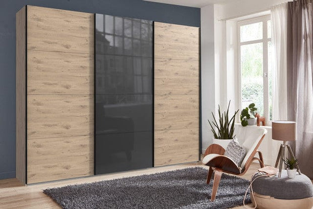 Wimex Dulap din pal, cu 3 usi glisante si oglinda, Norderstedt Stejar / Gri, l225xA64xH236 cm