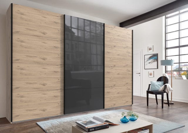 Wimex Dulap din pal, cu 3 usi glisante si oglinda, Norderstedt Stejar / Gri, l360xA64xH236 cm