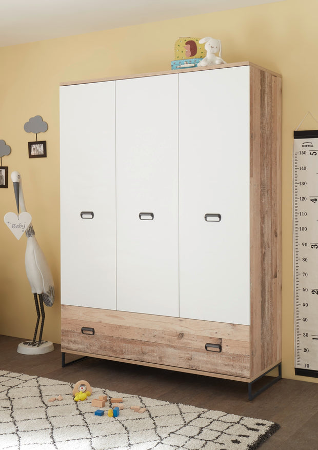 BFSummer Dulap din pal cu 3 usi si 1 sertar, pentru bebe Rini Baby Alb / Natur, l142,5xA56xH201 cm