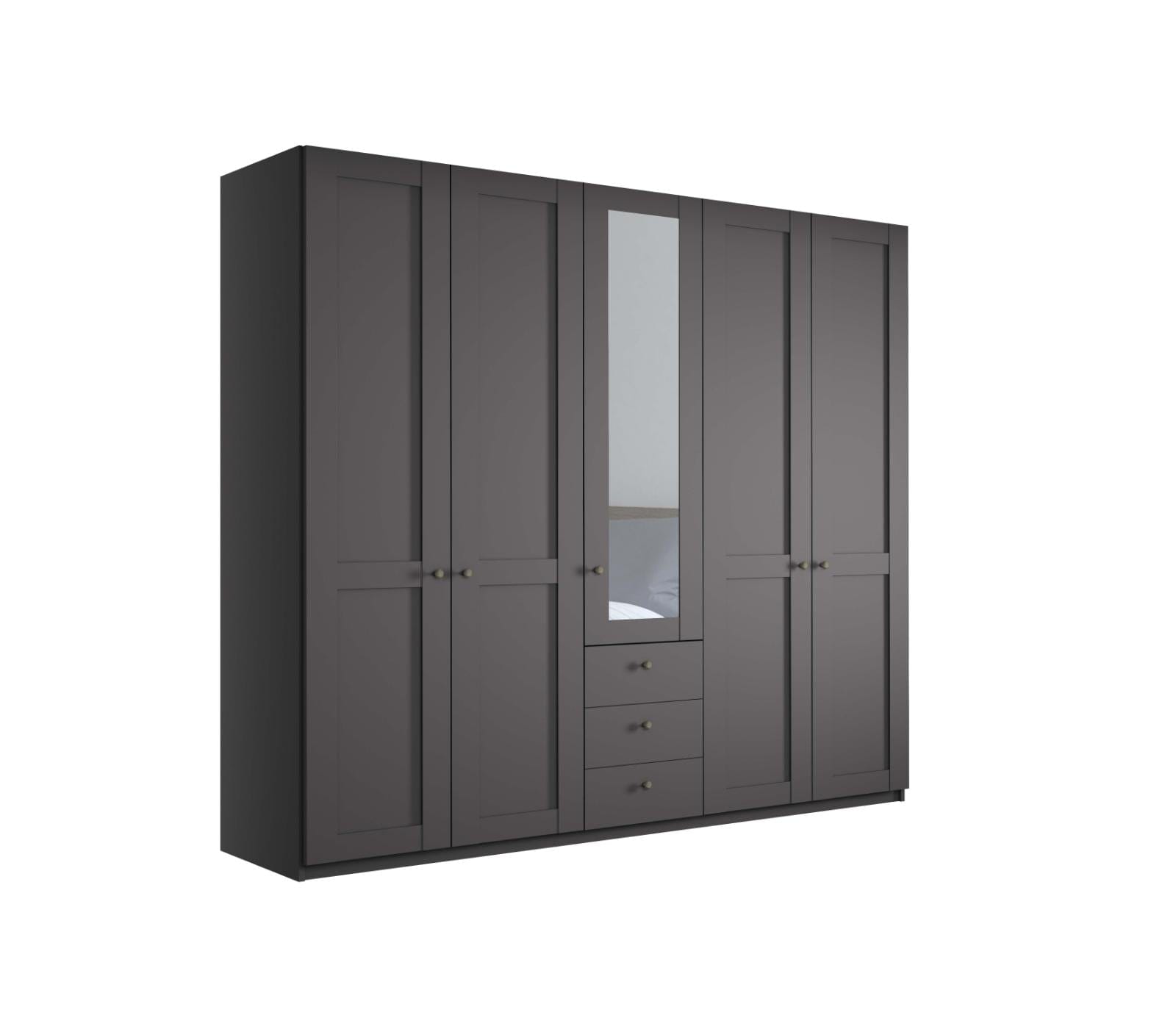Dulap din pal, cu 5 usi, 3 sertare si oglinda, Marlow Grafit, l246,3xA58xH216 cm