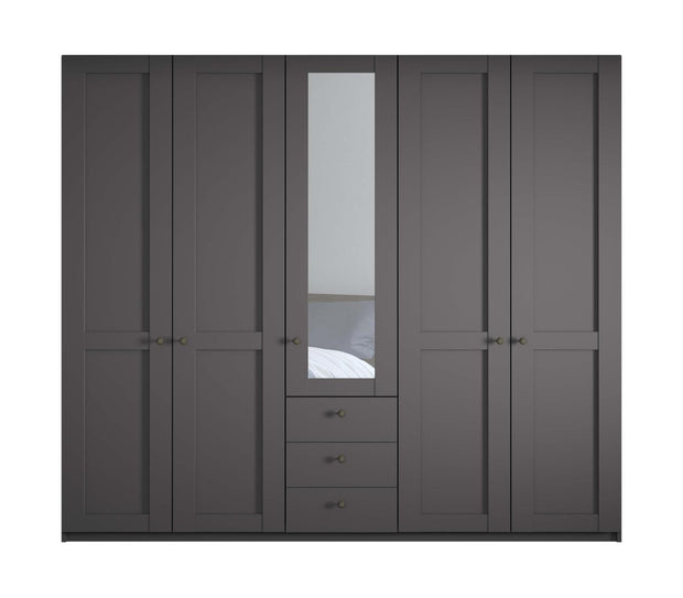 Dulap din pal, cu 5 usi, 3 sertare si oglinda, Marlow Grafit, l246,3xA58xH216 cm (1)