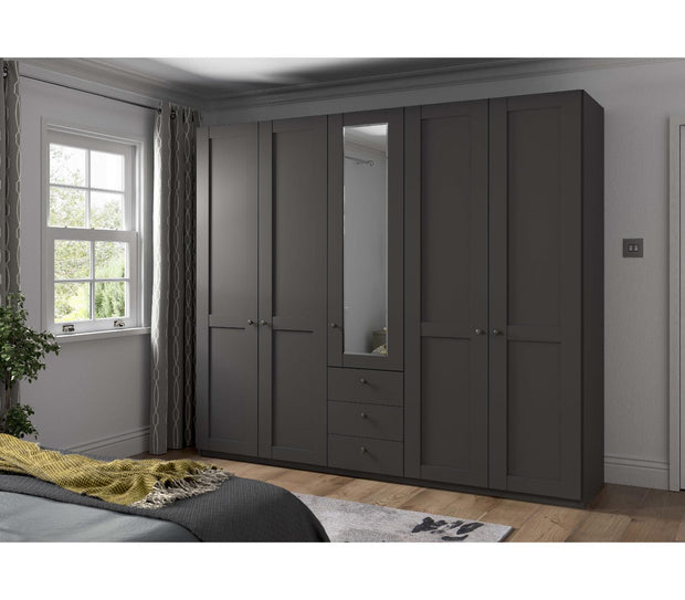 Dulap din pal, cu 5 usi, 3 sertare si oglinda, Marlow Grafit, l246,3xA58xH216 cm (2)