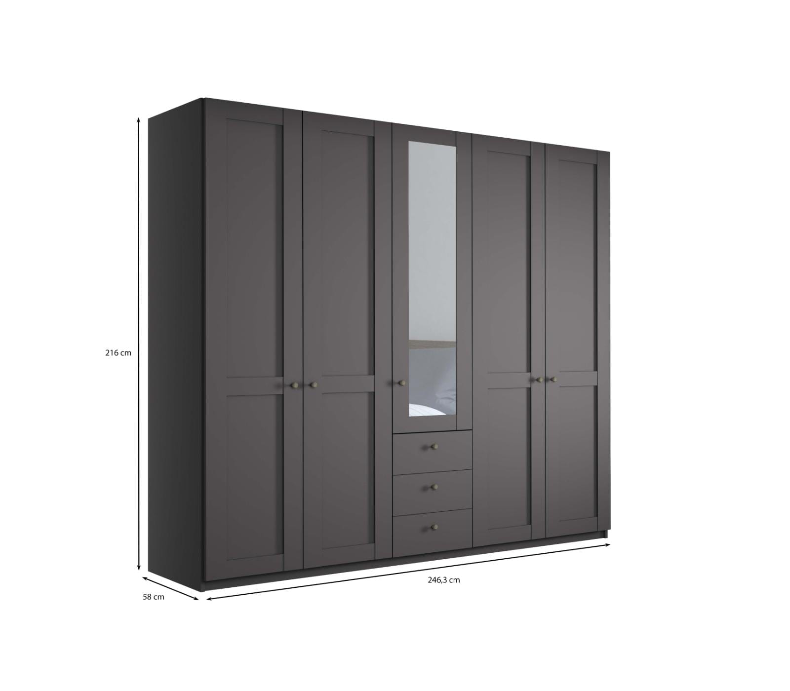 Dulap din pal, cu 5 usi, 3 sertare si oglinda, Marlow Grafit, l246,3xA58xH216 cm (3)