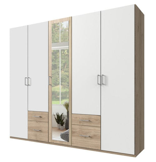 Wimex Dulap din pal, cu 5 usi, 4 sertare si oglinda, Freiburg II Stejar / Alb, l225xA58xH208 cm