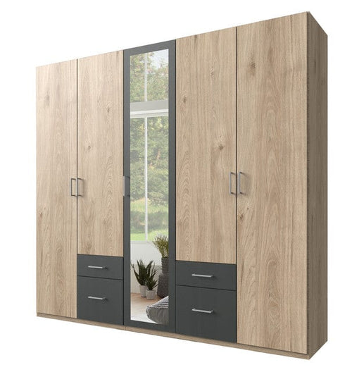 Wimex Dulap din pal, cu 5 usi, 4 sertare si oglinda, Freiburg II Stejar / Grafit, l225xA58xH208 cm