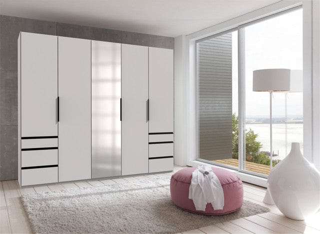 Wimex Dulap din pal, cu 5 usi, 6 sertare si oglinda, Level36 Black A Alb, l250xA58xH216 cm