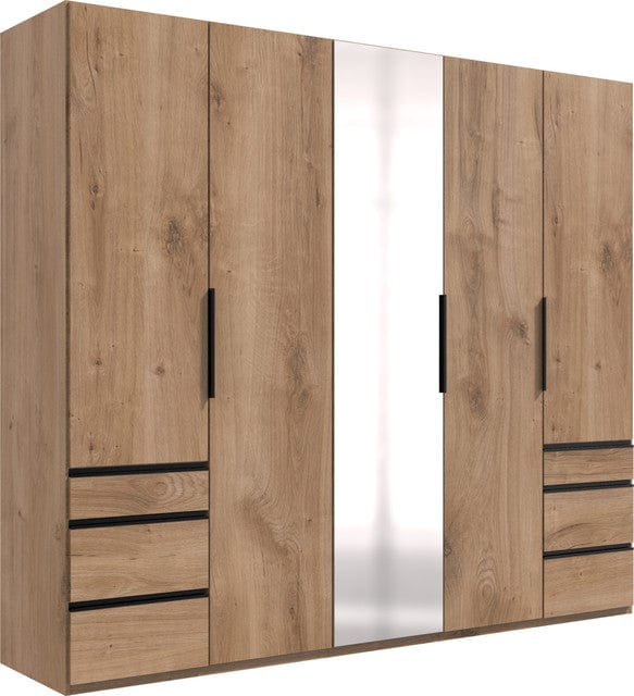 Wimex Dulap din pal, cu 5 usi, 6 sertare si oglinda, Level36 Black A Stejar, l250xA58xH216 cm