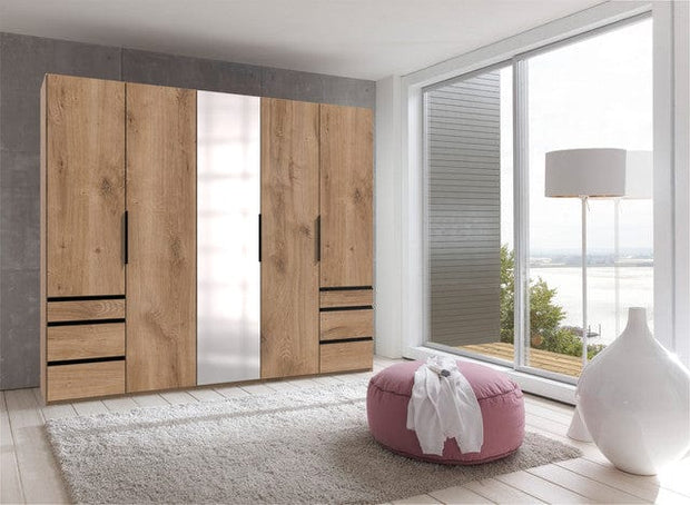 Wimex Dulap din pal, cu 5 usi, 6 sertare si oglinda, Level36 Black A Stejar, l250xA58xH216 cm