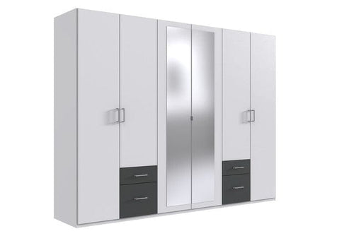 Wimex Dulap din pal, cu 6 usi, 4 sertare si oglinda, Freiburg Alb / Grafit, l270xA58xH208 cm